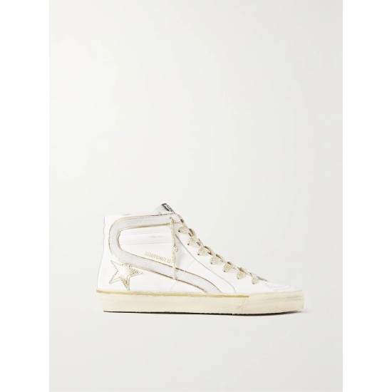 Slide distressed suede and metallic-trimmed leather high-top sneakers
