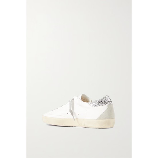 Superstar distressed denim-trimmed glittered leather sneakers