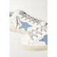Superstar distressed denim-trimmed glittered leather sneakers