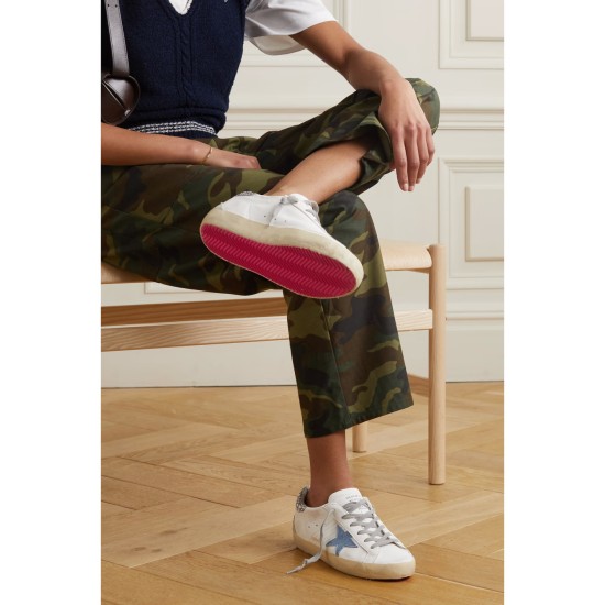 Superstar distressed denim-trimmed glittered leather sneakers