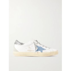 Superstar distressed denim-trimmed glittered leather sneakers