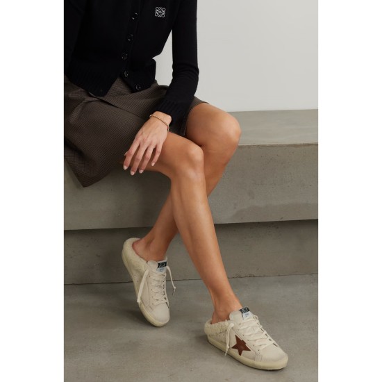 Super-Star Sabot shearling-lined distressed leather-trimmed suede slip-on sneakers