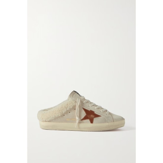 Super-Star Sabot shearling-lined distressed leather-trimmed suede slip-on sneakers