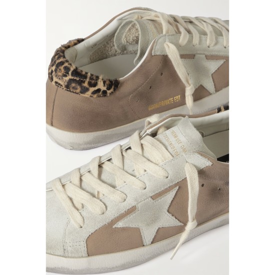 Super-Star distressed calf hair-trimmed nubuck and suede sneakers