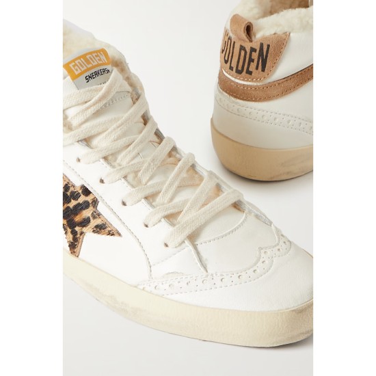 Mid Star shearling-lined distressed leopard-print calf hair, suede and leather sneakers