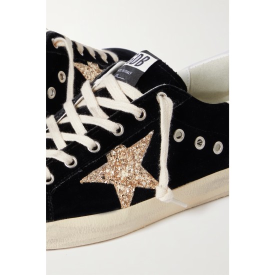 Super-Star eyelet-embellished distressed glittered leather and velvet sneakers