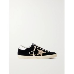 Super-Star eyelet-embellished distressed glittered leather and velvet sneakers