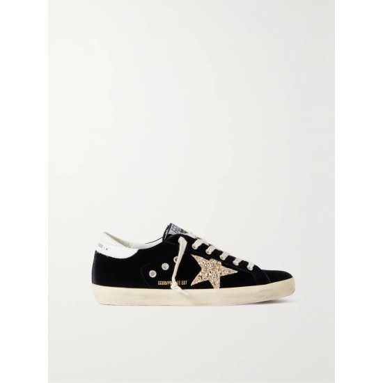 Super-Star eyelet-embellished distressed glittered leather and velvet sneakers
