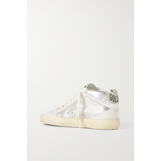 Mid Star distressed suede-trimmed metallic snake-effect leather sneakers