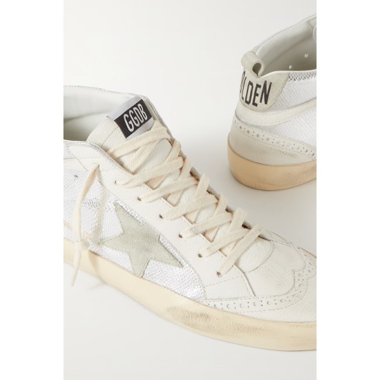Mid Star distressed suede-trimmed metallic snake-effect leather sneakers