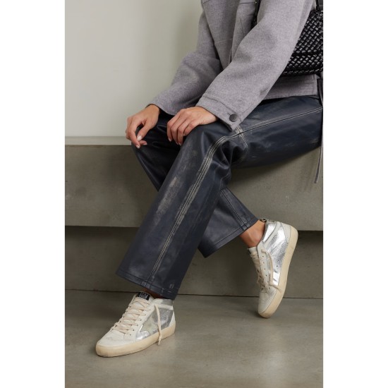 Mid Star distressed suede-trimmed metallic snake-effect leather sneakers