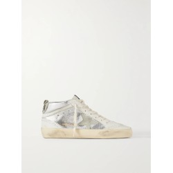 Mid Star distressed suede-trimmed metallic snake-effect leather sneakers
