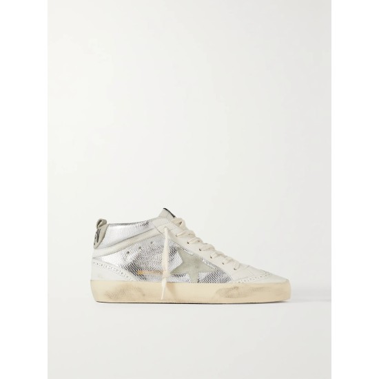 Mid Star distressed suede-trimmed metallic snake-effect leather sneakers