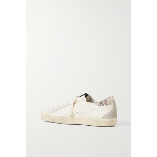 Super-Star crystal-embellished velvet-trimmed distressed leather sneakers