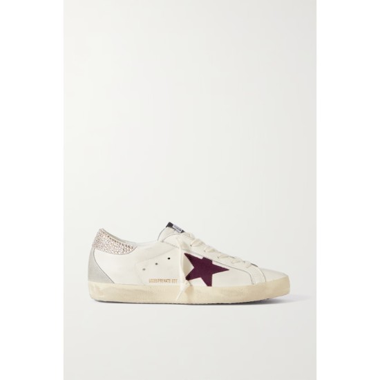 Super-Star crystal-embellished velvet-trimmed distressed leather sneakers
