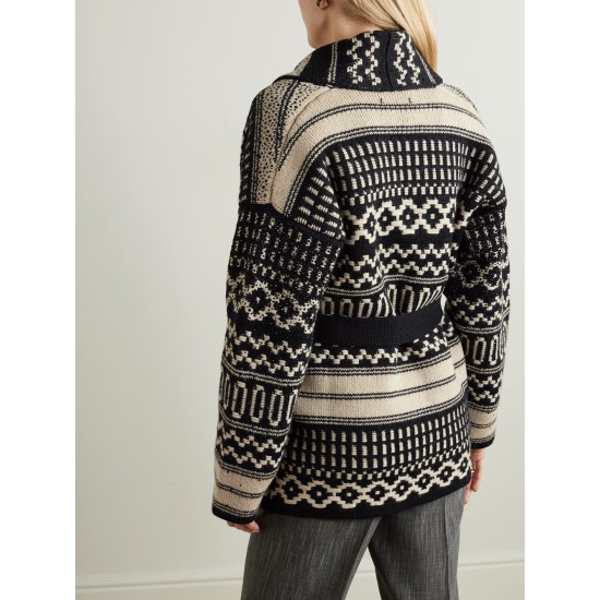 Belted crystal-embellished jacquard-knit wool cardigan