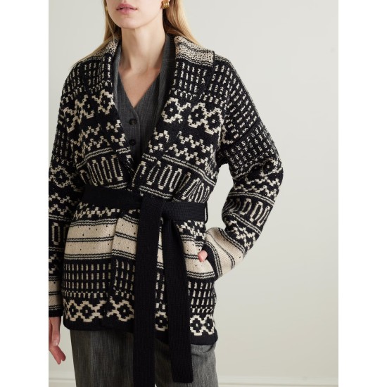 Belted crystal-embellished jacquard-knit wool cardigan