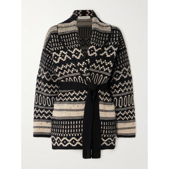 Belted crystal-embellished jacquard-knit wool cardigan