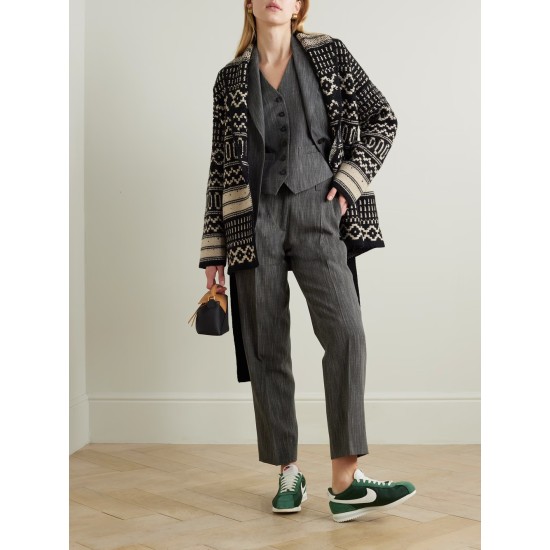 Belted crystal-embellished jacquard-knit wool cardigan