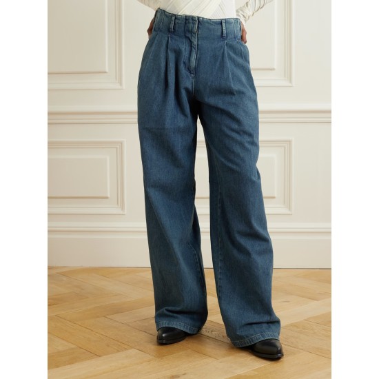 Embellished pleated high-rise wide-leg jeans