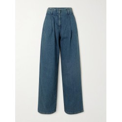 Embellished pleated high-rise wide-leg jeans