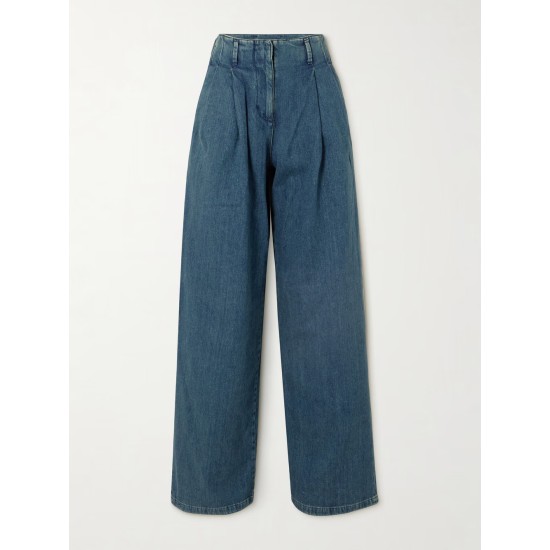 Embellished pleated high-rise wide-leg jeans