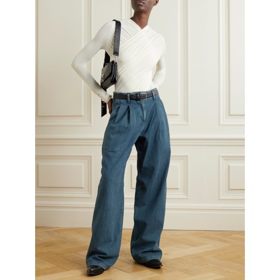 Embellished pleated high-rise wide-leg jeans