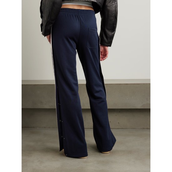 Button-detailed webbing-trimmed jersey wide-leg track pants