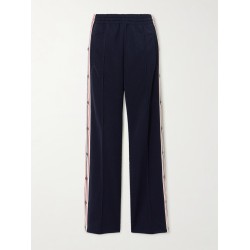 Button-detailed webbing-trimmed jersey wide-leg track pants
