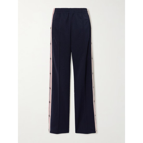 Button-detailed webbing-trimmed jersey wide-leg track pants