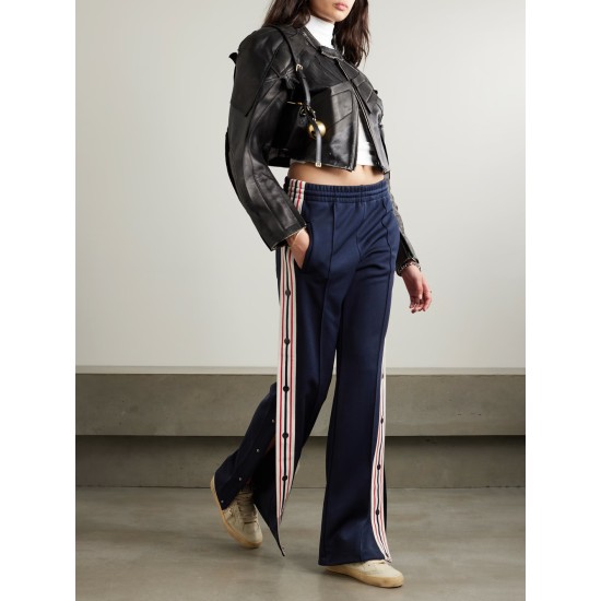 Button-detailed webbing-trimmed jersey wide-leg track pants