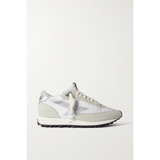 Running Marathon distressed leather-trimmed shell and suede sneakers