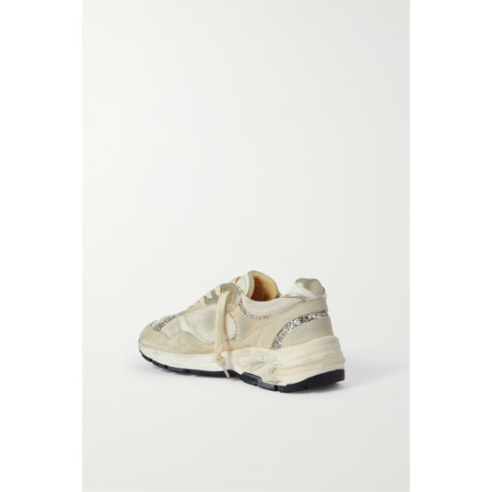 Dad-Star distressed glittered suede, mesh and metallic leather sneakers