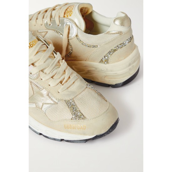 Dad-Star distressed glittered suede, mesh and metallic leather sneakers