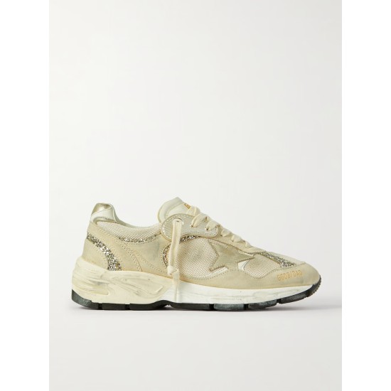 Dad-Star distressed glittered suede, mesh and metallic leather sneakers