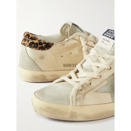 Super-Star calf hair and suede-trimmed distressed leather sneakers