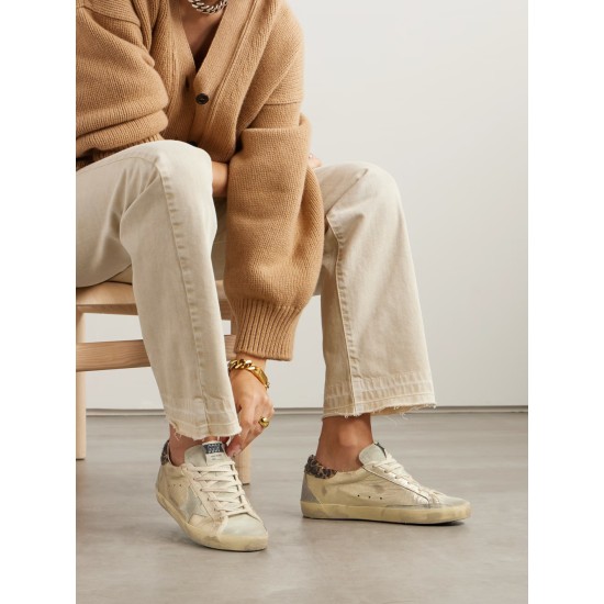 Super-Star calf hair and suede-trimmed distressed leather sneakers