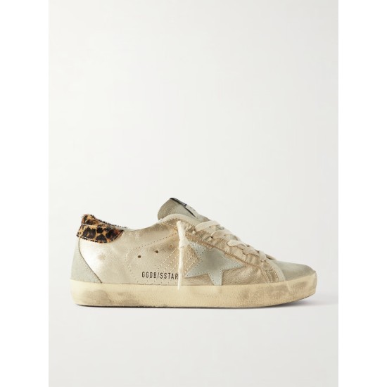 Super-Star calf hair and suede-trimmed distressed leather sneakers