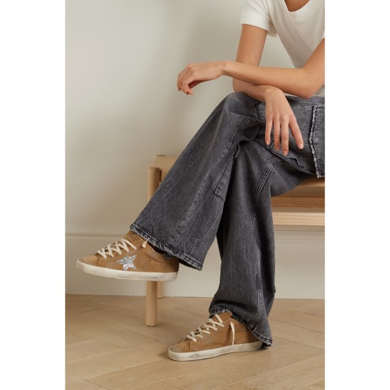 Super-Star distressed glittered leather-trimmed suede sneakers