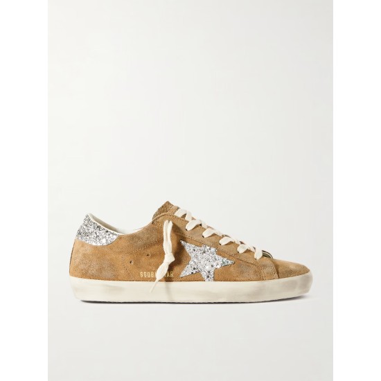 Super-Star distressed glittered leather-trimmed suede sneakers