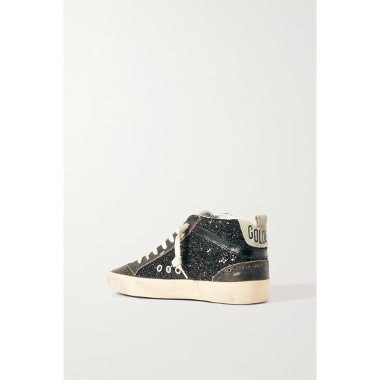 Mid Star suede and leather-trimmed distressed glittered faux leather sneakers