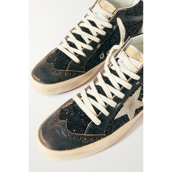 Mid Star suede and leather-trimmed distressed glittered faux leather sneakers