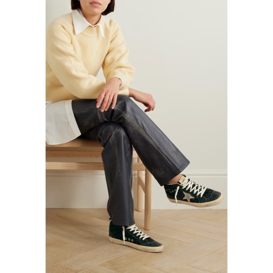 Mid Star suede and leather-trimmed distressed glittered faux leather sneakers