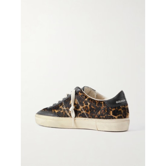 Soul-Star distressed leather-trimmed leopard-print calf hair sneakers