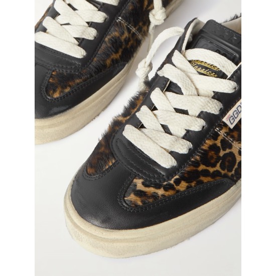 Soul-Star distressed leather-trimmed leopard-print calf hair sneakers
