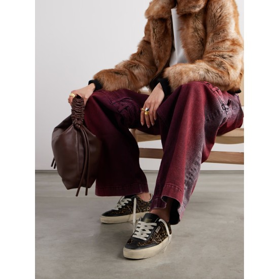Soul-Star distressed leather-trimmed leopard-print calf hair sneakers
