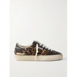 Soul-Star distressed leather-trimmed leopard-print calf hair sneakers