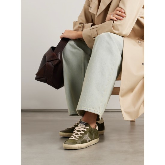 Super-Star leather-trimmed glittered distressed suede sneakers