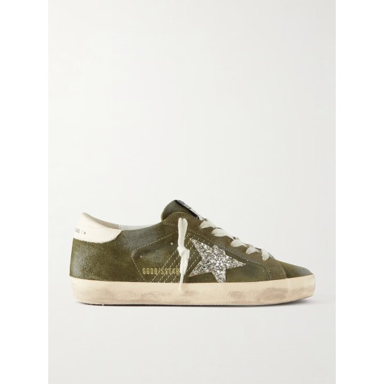 Super-Star leather-trimmed glittered distressed suede sneakers