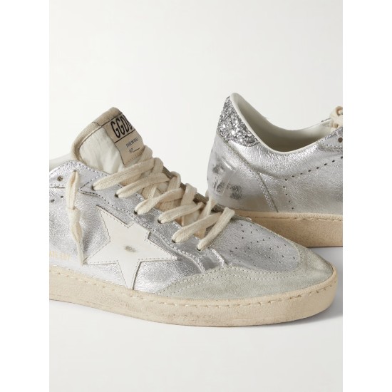 Ballstar glittered distressed metallic leather sneakers